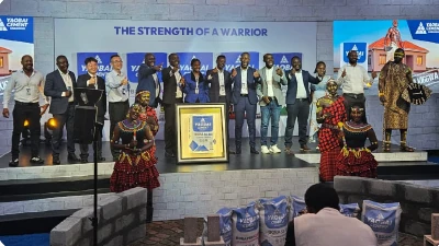 Yaobai Cement product launch with branded stage and participants